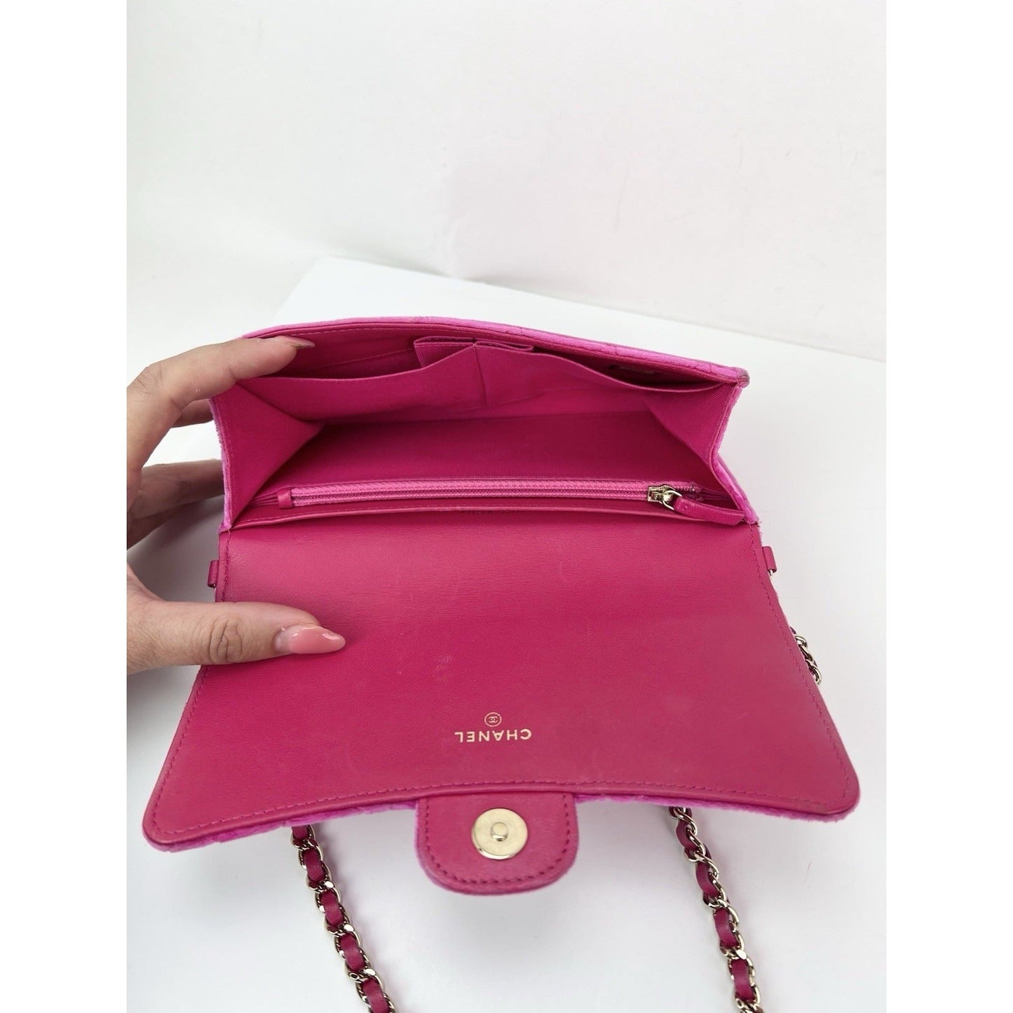 Chanel Velvet Quilted Timeless Fuchsia Wallet Chain Clutch