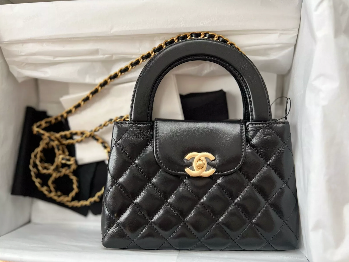 BNIB Chanel Nano Shopping Bag Shiny Calfskin Gold-Tone Black Small Size 24A