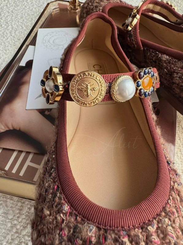 Chanel 24A Metier D’art Jane Tweed Wool Flats with Charms in Red/Brown/Blue BNIB