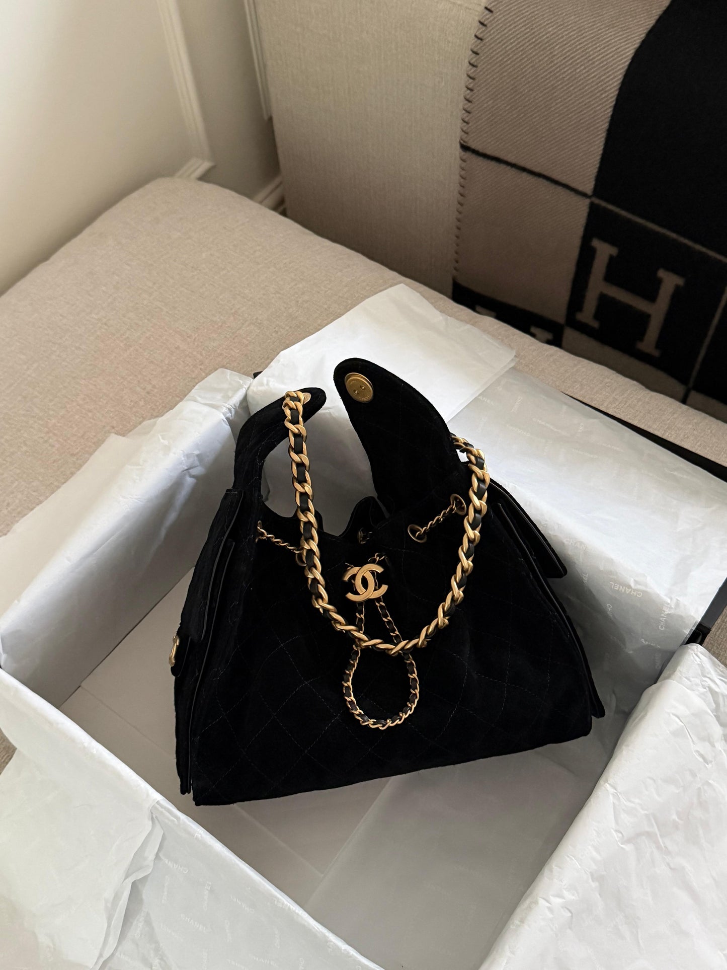 Chanel 25 Small Handbag Suede Calfskin & Gold Metal Black