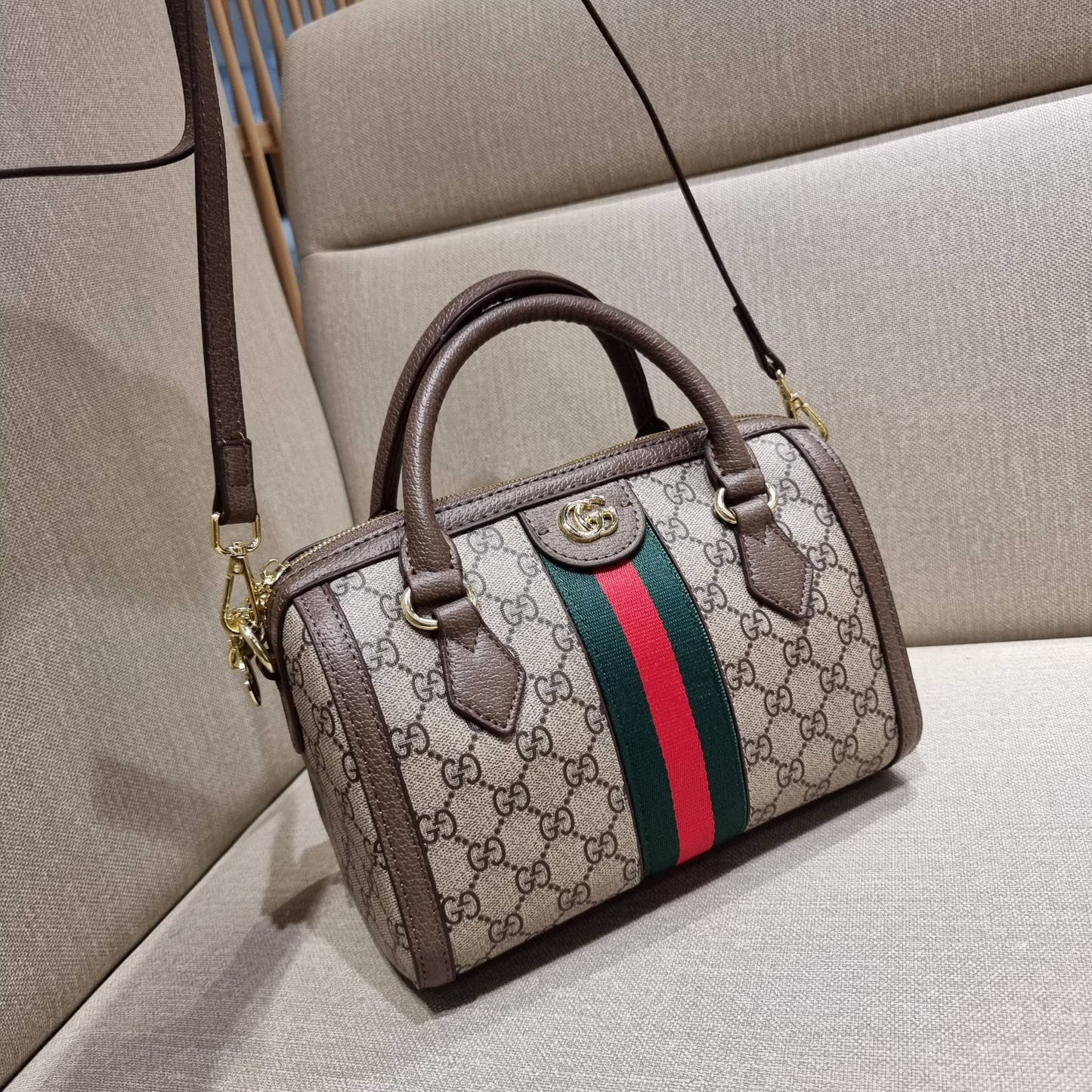 GUCCI OPHIDIA – Women Boston Bag (Beige Brown)