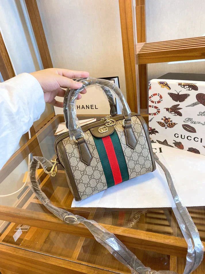GUCCI OPHIDIA – Women Boston Bag (Beige Brown)