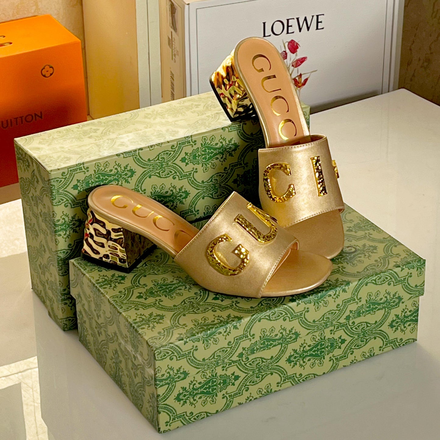 GUCCI Heeled Sandals with Gold-Tone Logo – Premium Quality (Golden)