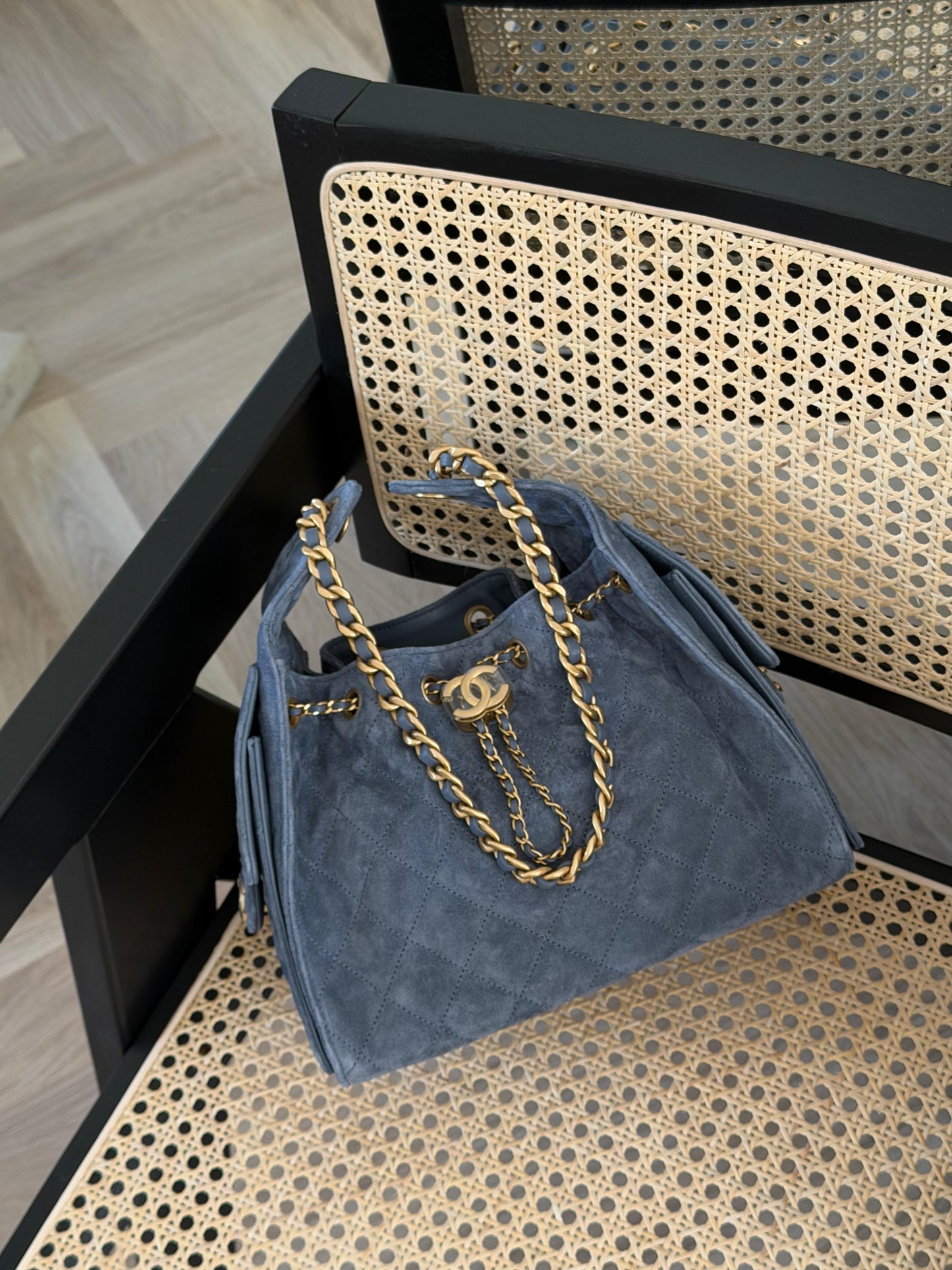 Chanel 25 Small Handbag Suede Calfskin & Gold Metal Blue