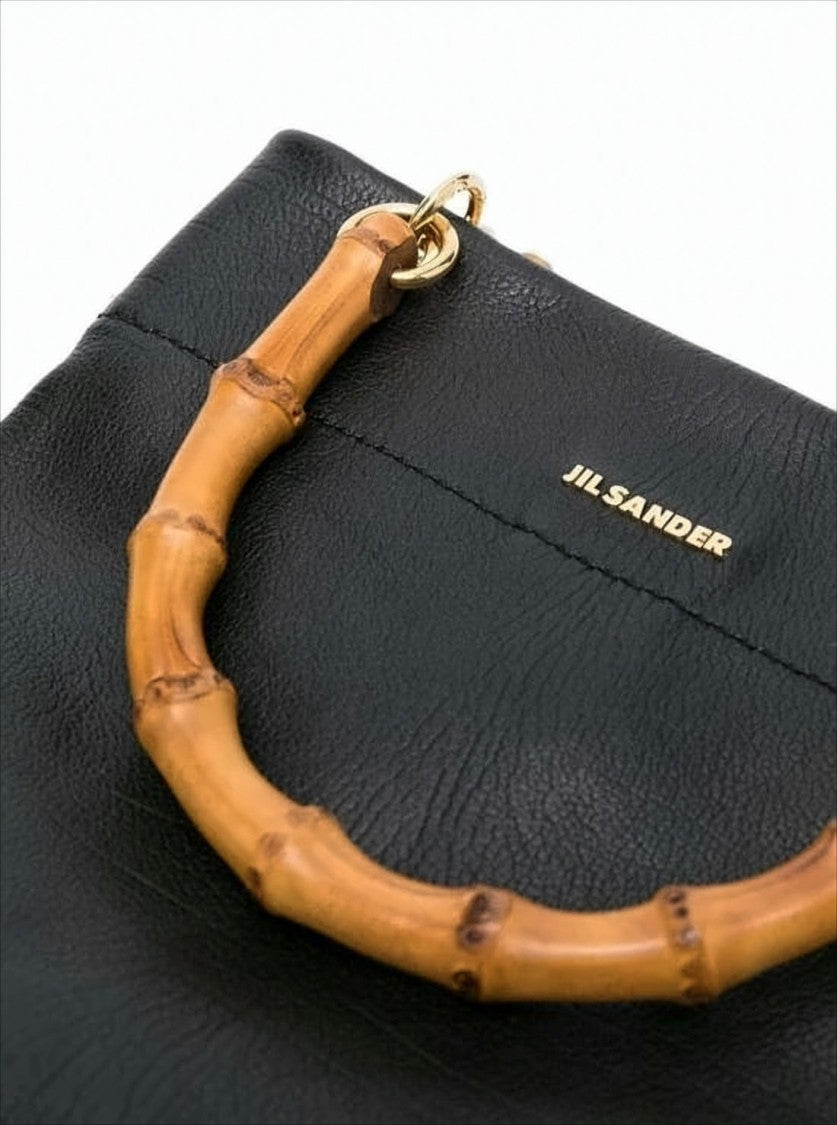 Jil Sander Structured Black Leather Shoulder Bag With Bamboo-Style Handles