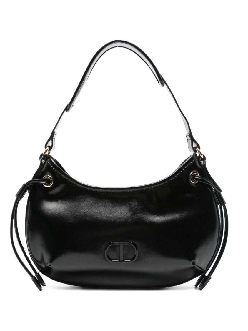 Twin-Set Compact Black Handbag With Glossy Finish And Decorative Ties