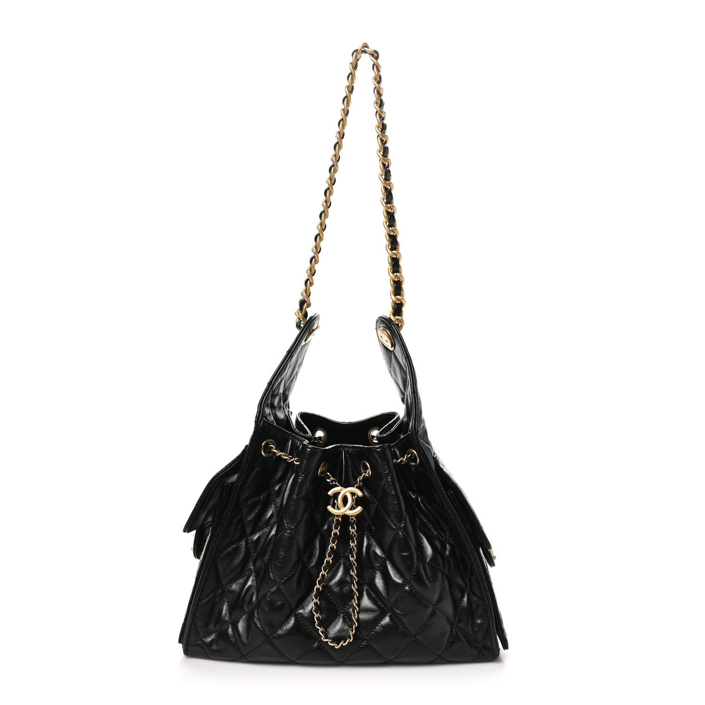 Shiny Calfskin Quilted Small Chanel 25 Handbag Black