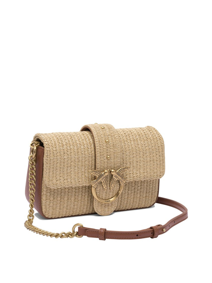 Pinko Beige Rafia And Leather Crossbody Bag