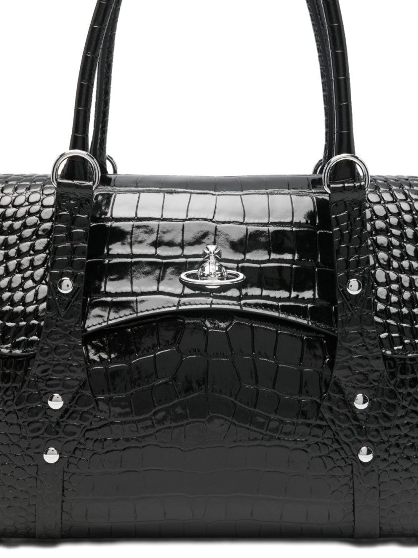 Vivienne Westwood Crocodile-Embossed Black Shoulder Bag With Metallic Emblem