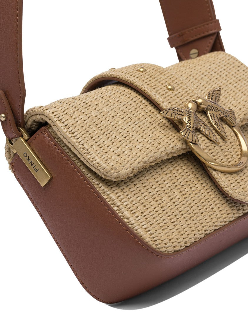 Pinko Beige Rafia And Leather Crossbody Bag