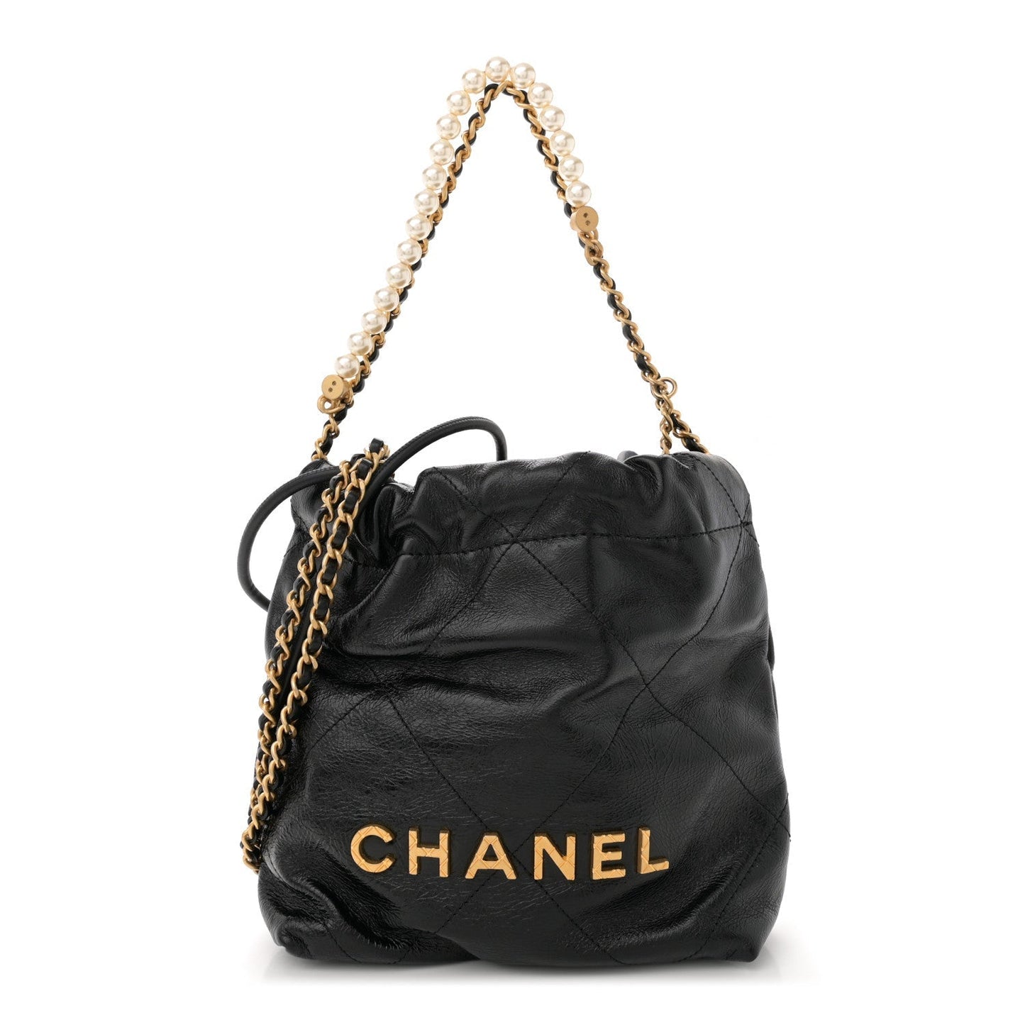 Shiny Crumpled Calfskin Quilted Pearl Mini Chanel 22 Black