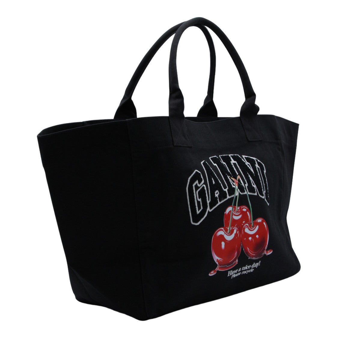 Ganni Spacious Black Tote Bag With Cherry Graphic