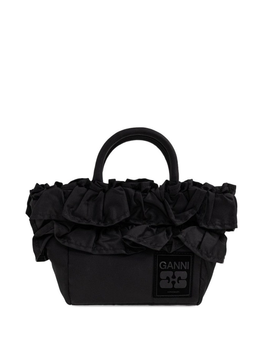 Ganni Structured Black Handbag With Ruffled Detailing