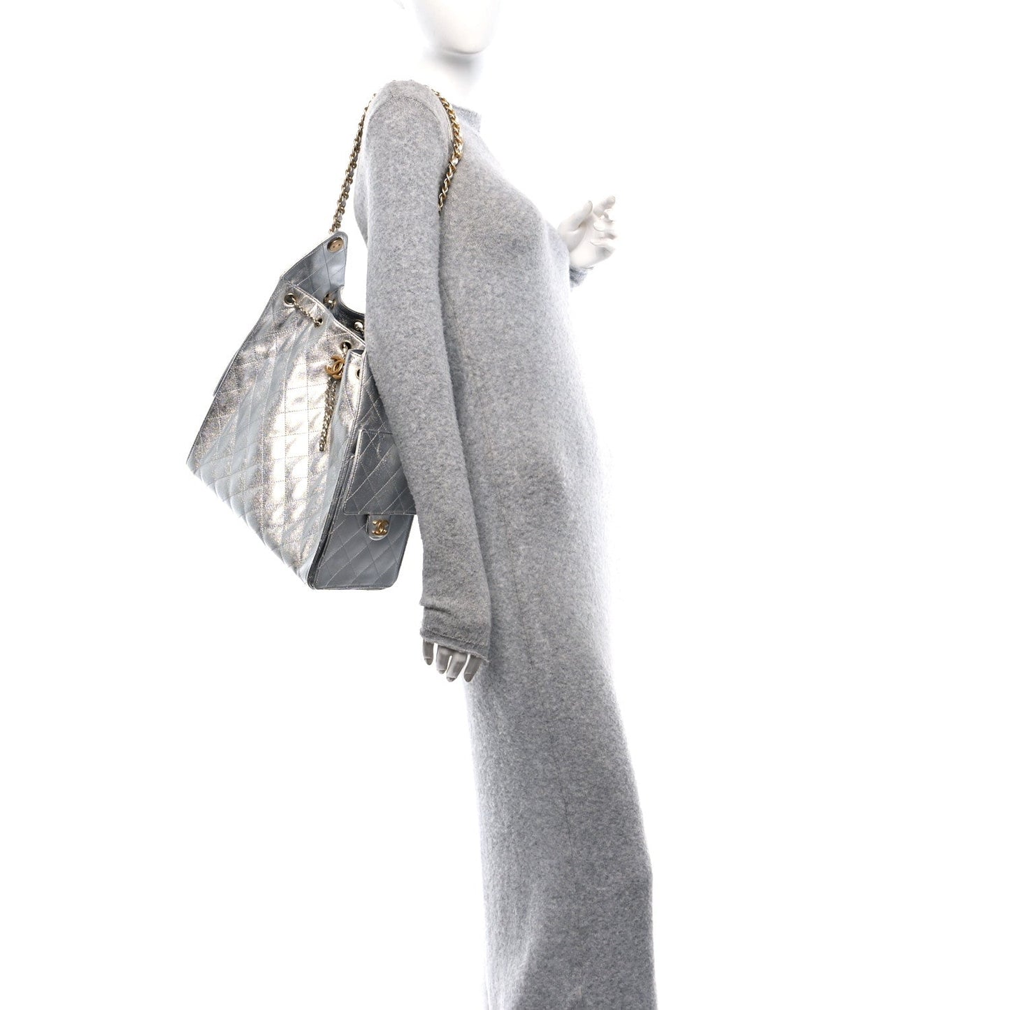 Metallic Caviar Quilted Medium Chanel 25 Handbag Silver