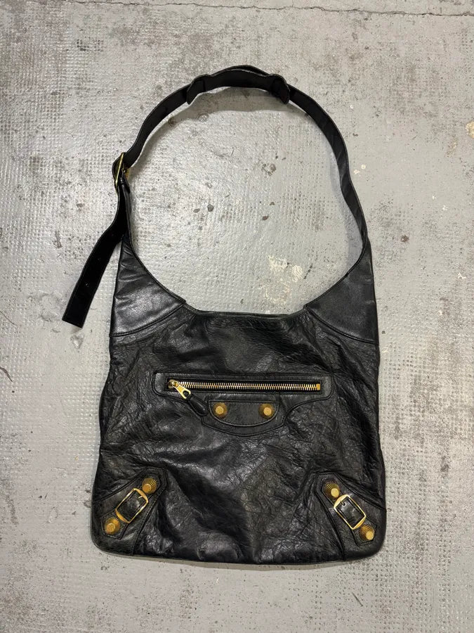 Balenciaga Black City Dark Green Leather Hobo Gold Hardware Bag