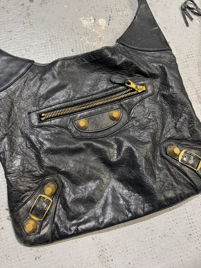 Balenciaga Black City Dark Green Leather Hobo Gold Hardware Bag