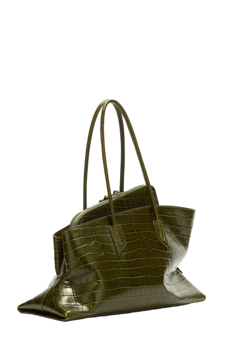 The Attico Deep Olive Green Crocodile-Embossed Tote Bag