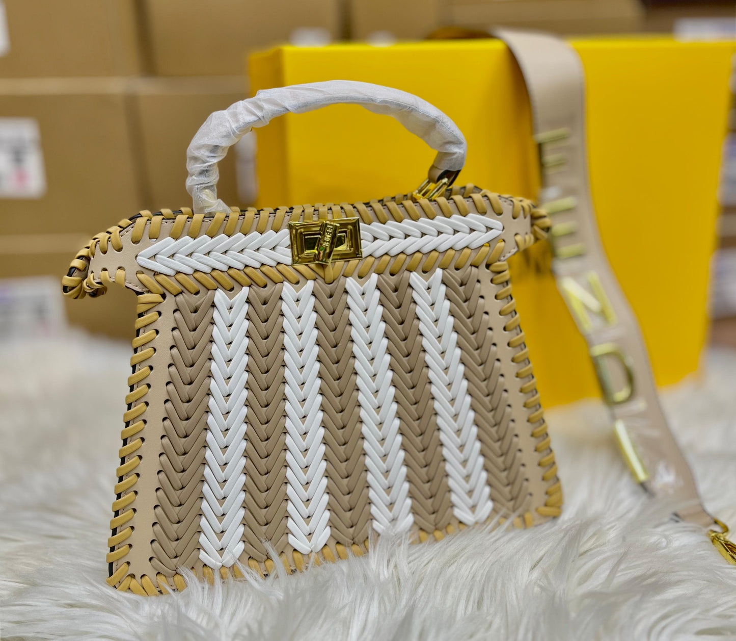 FENDI ICONIC PEEKABOO ISEEU LEATHER – Women Bag (Beige White)