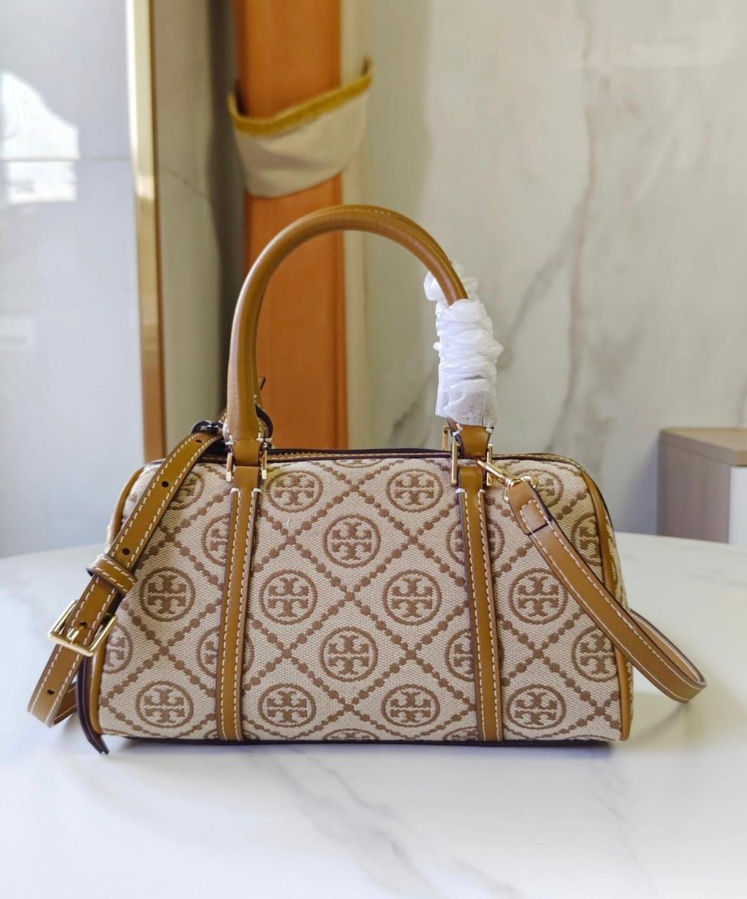 T-O-R-Y B-U-R-C-H T Monogram Petite Barrel Bag – Women Mini Crossbody Bag (Beige Brown)