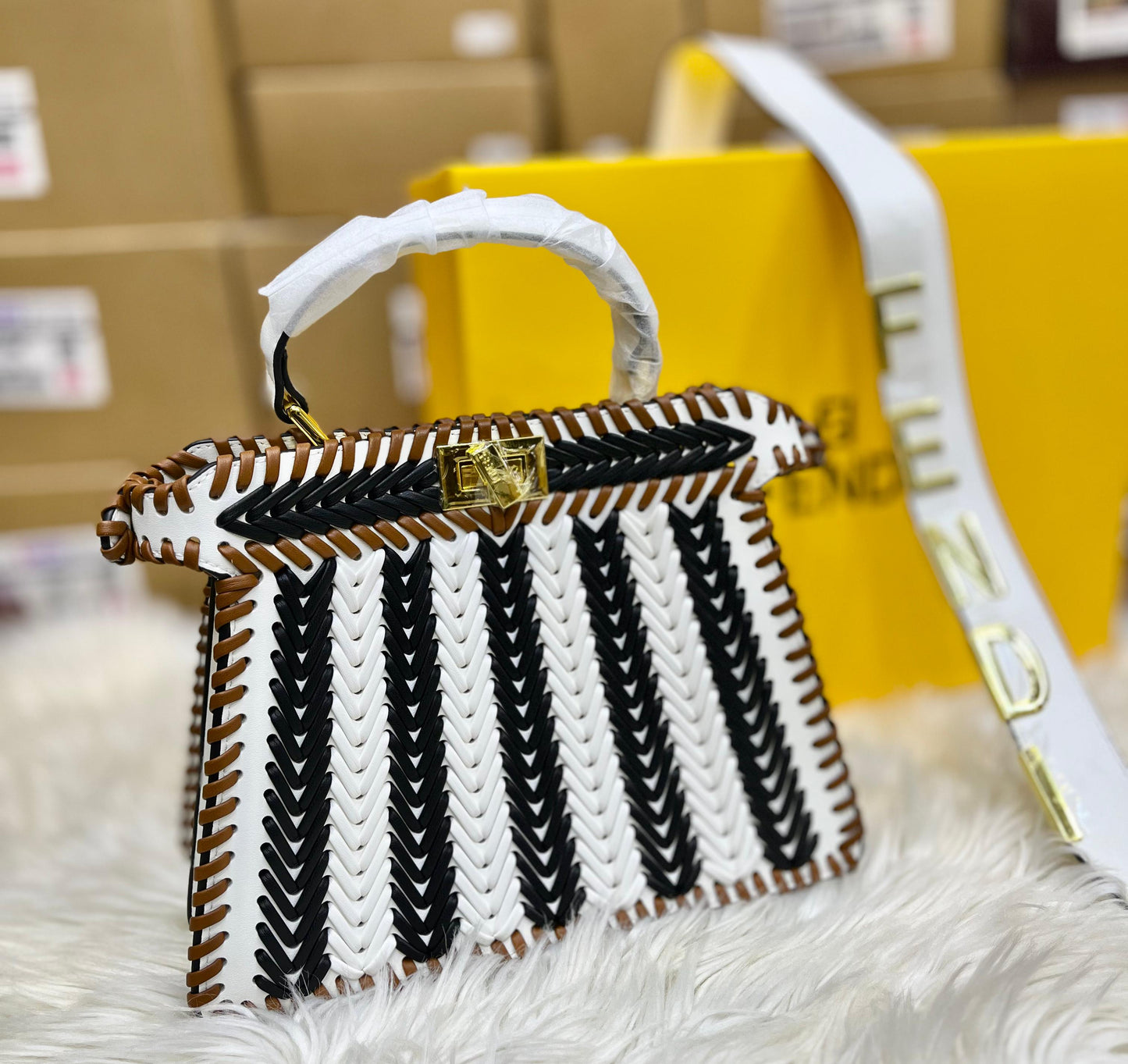 FENDI ICONIC PEEKABOO ISEEU LEATHER – Women Bag (Black White)