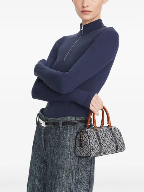 T-O-R-Y B-U-R-C-H T Monogram Petite Barrel Bag – Women Mini Crossbody Bag (Blue with Off White)