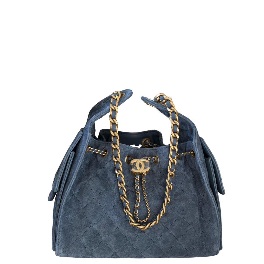 Chanel 25 Small Handbag Suede Calfskin & Gold Metal Blue