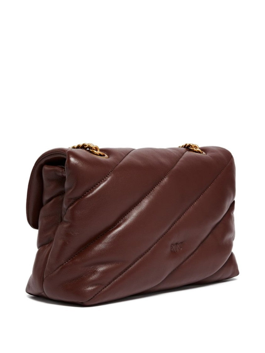 Pinko Quilted Brown Leather Bag With Chain Strap