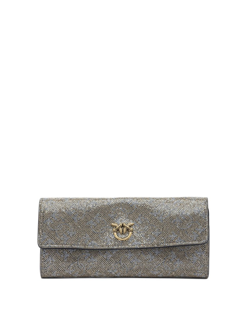 Pinko Textured Silver Leather Clutch With Flap Closure