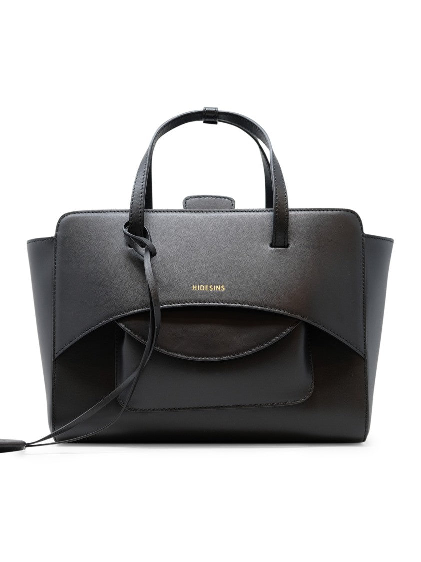 Hidesins Structured Black Leather Handbag With Embossed Logo