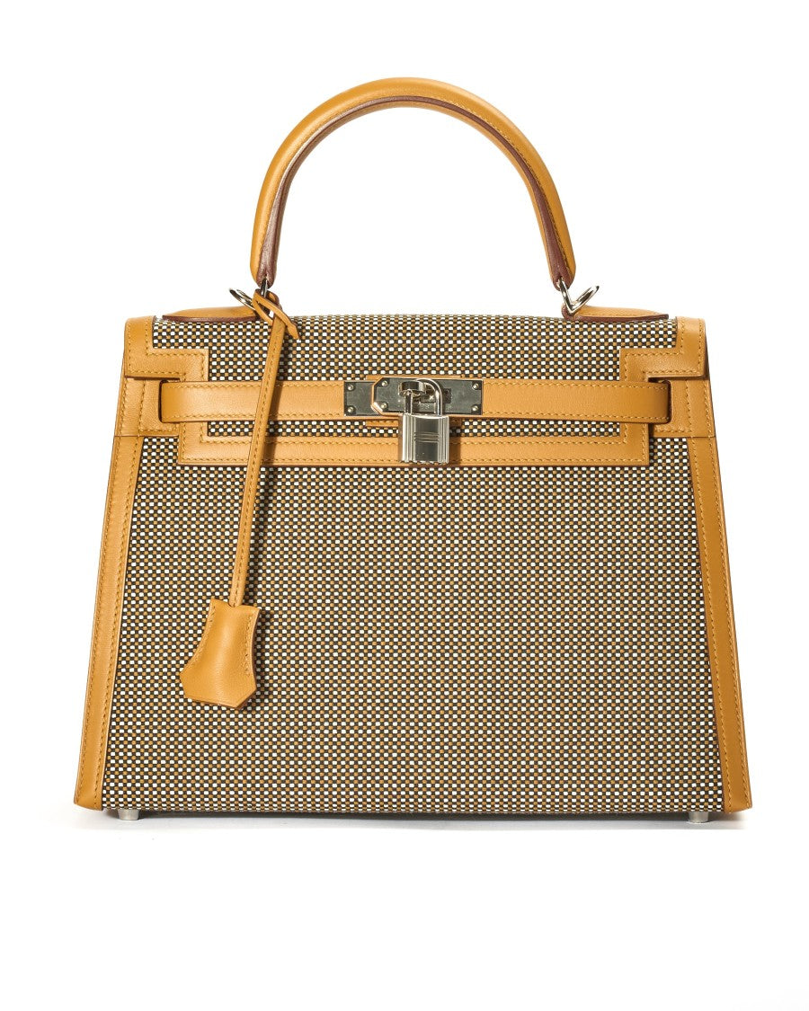 Hermès Kelly Sellier 28 Quadrille Sesame Swift Canvas Bag