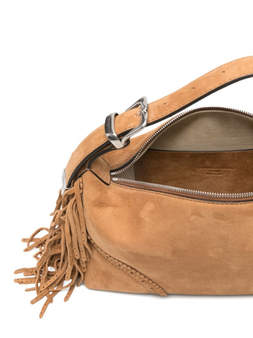 Ermanno Scervino Structured Beige Lamb Leather Shoulder Bag With Fringed Tassels