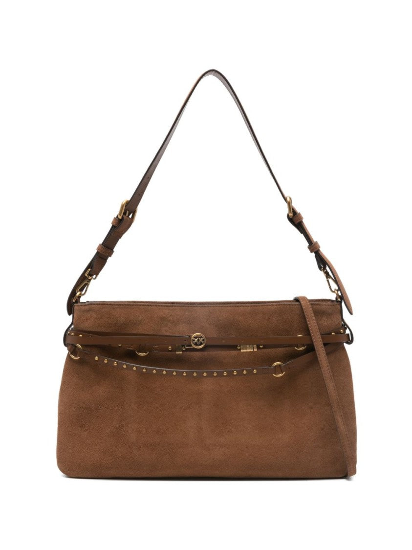 Pinko Brown Calf Leather Shoulder Bag With Gold-Tone Hardware And Suede Finish