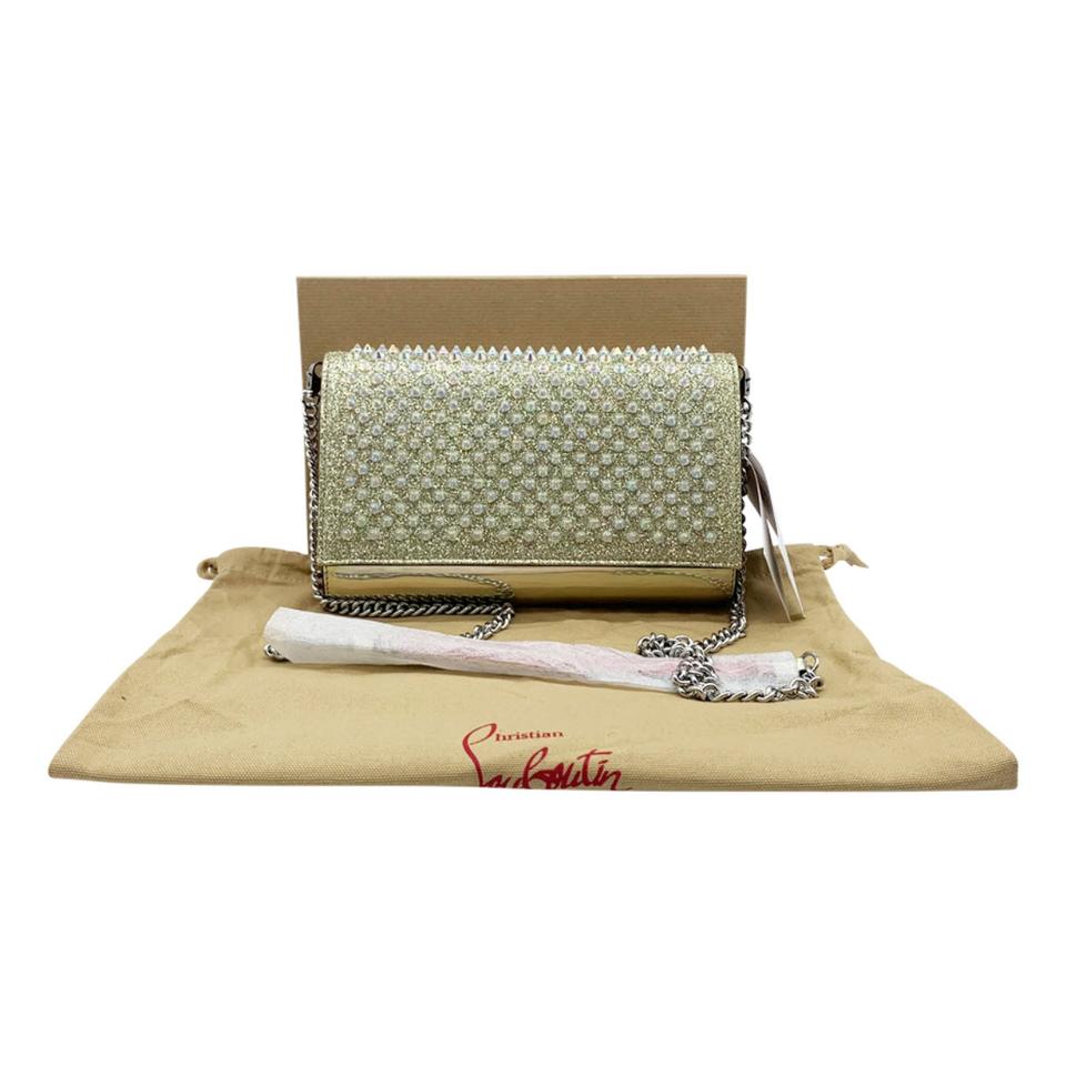 Christian Louboutin Clutch Mini Paloma Studded Glitter Gold Leather Shoulder Bag
