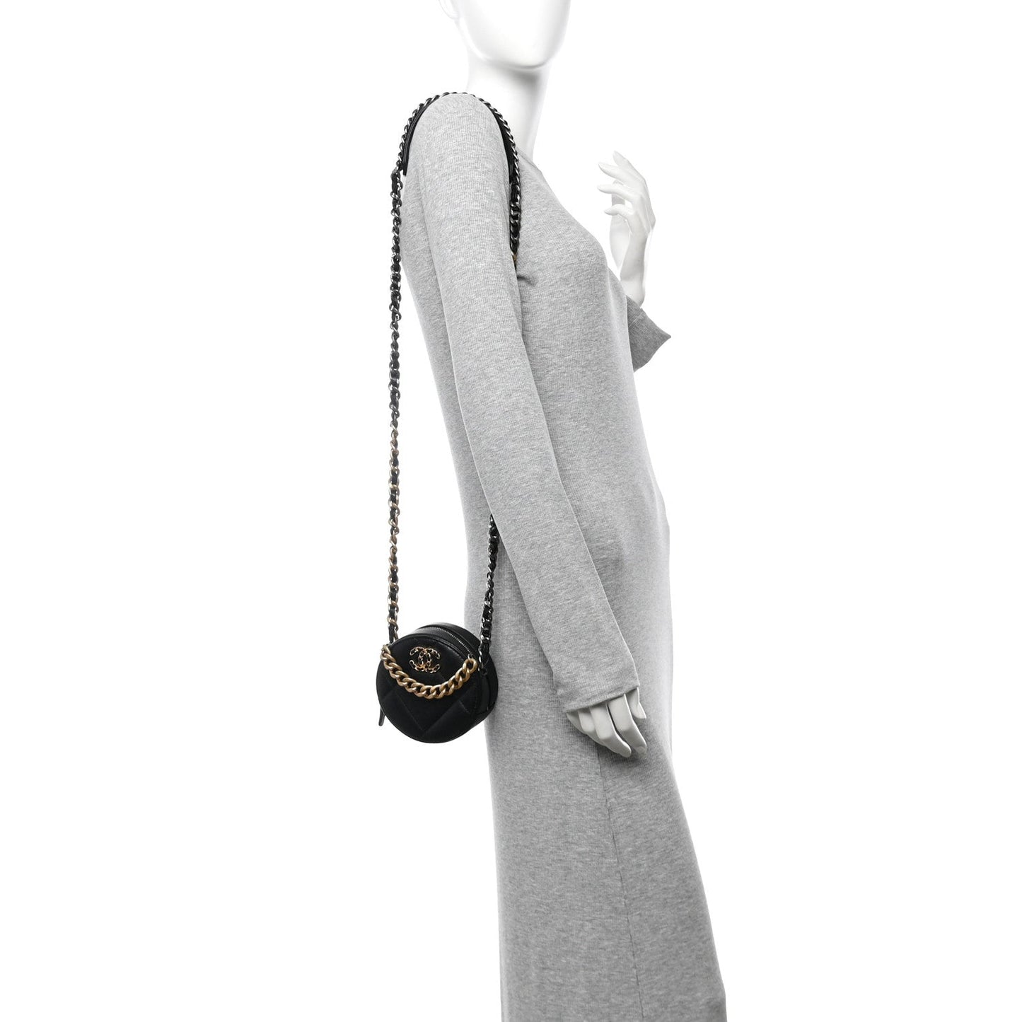Shiny Goatskin Quilted Chanel 19 Round Clutch With Chain Black