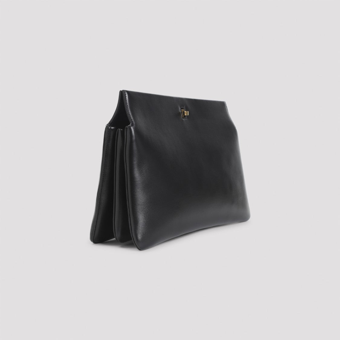 Phoebe Philo Structured Black Lamb Leather Clutch With Gold-Tone Clasp