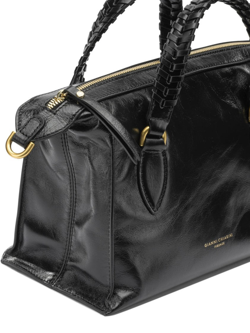 Gianni Chiarini Black Leather Handbag With Braided Handles And Gold Accents