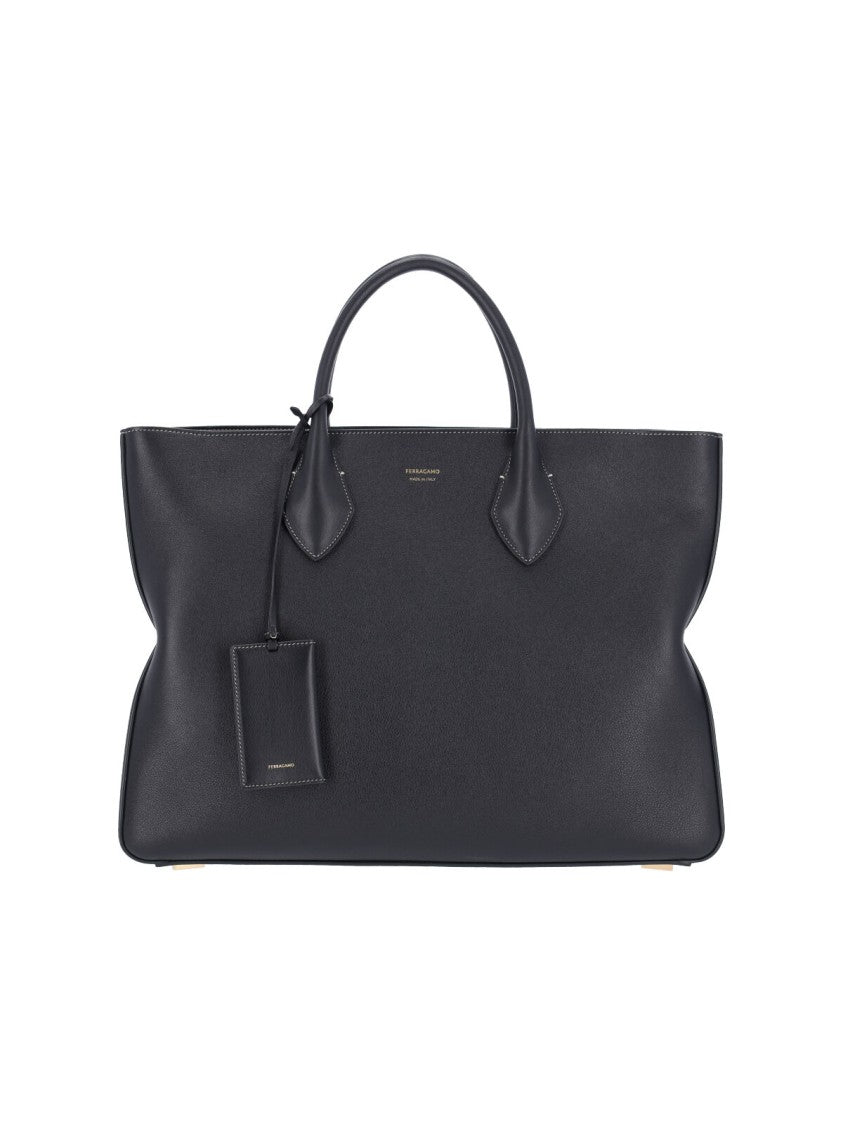 Ferragamo Large Black Calfskin Leather Tote Bag With Removable Keychain