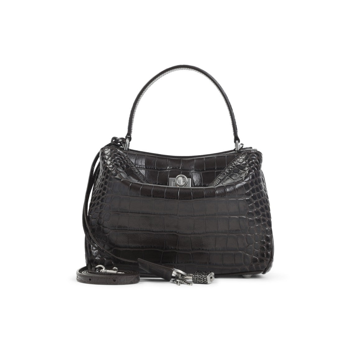Balenciaga Textured Leather Shoulder Bag With Crocodile Pattern And Turn-Lock Closure