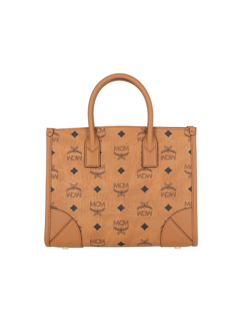 Mcm "München" Small Tote Bag, In Brown Visetos Eco-Leather