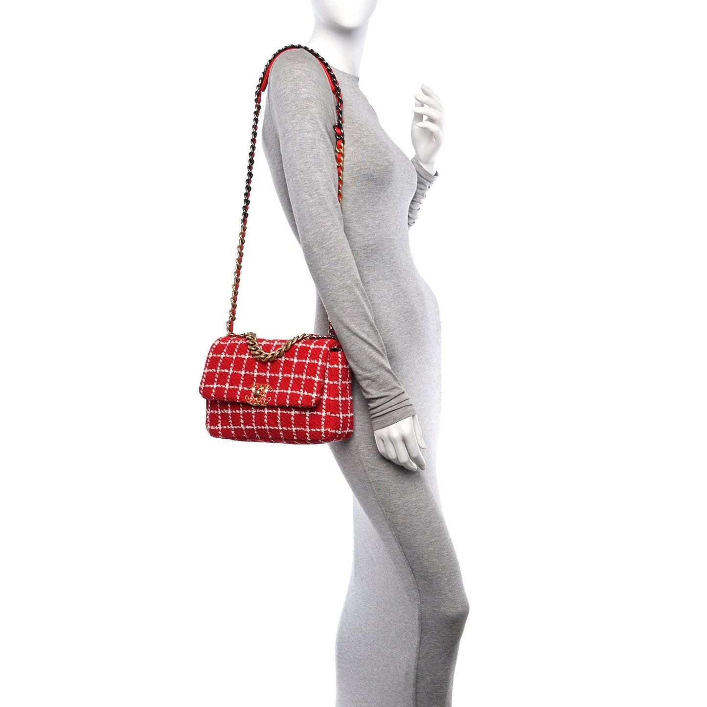Tweed Quilted Medium Chanel 19 Flap Red White