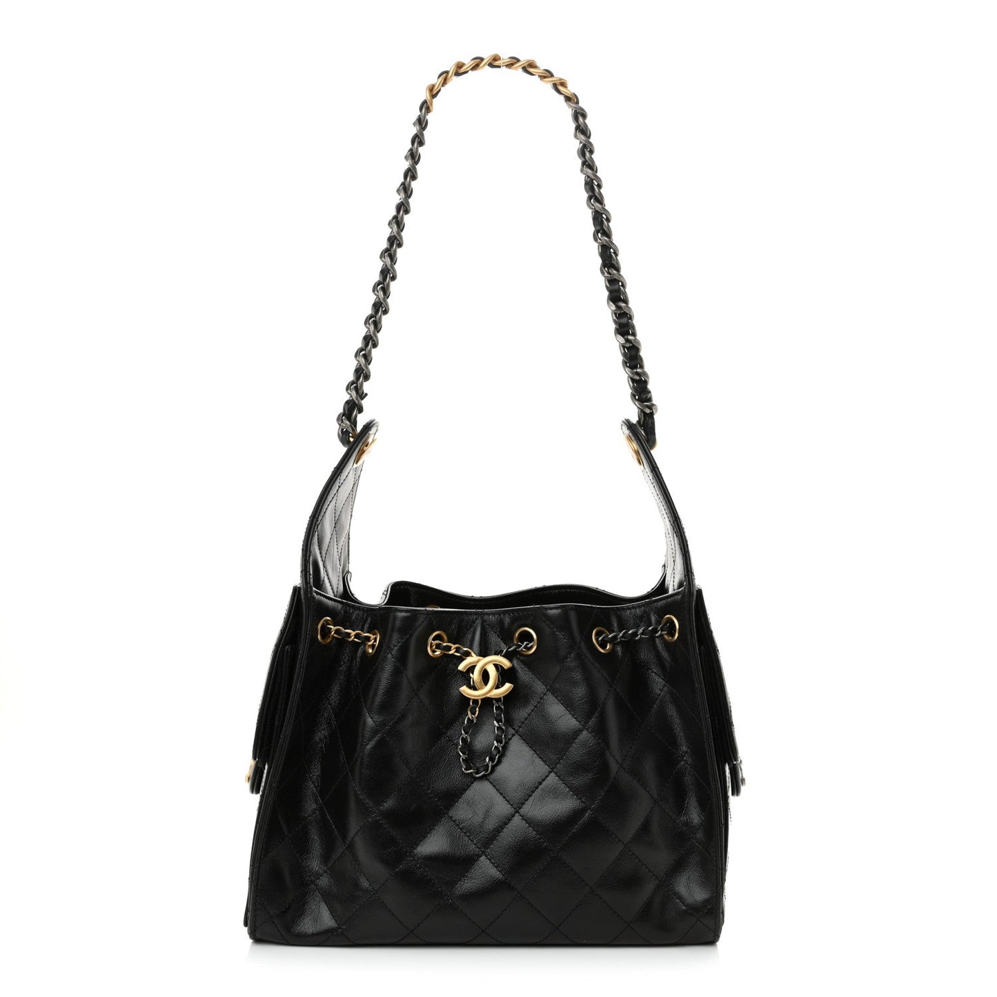 Shiny Crumpled Calfskin Quilted Small Chanel 25 Handbag Black