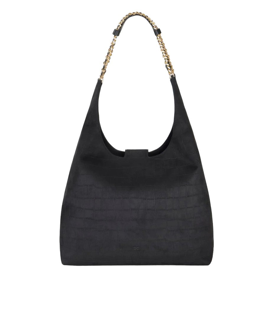 Elisabetta Franchi Suede Hobo Bag With Crocodile Embossing And Gold Chain Details