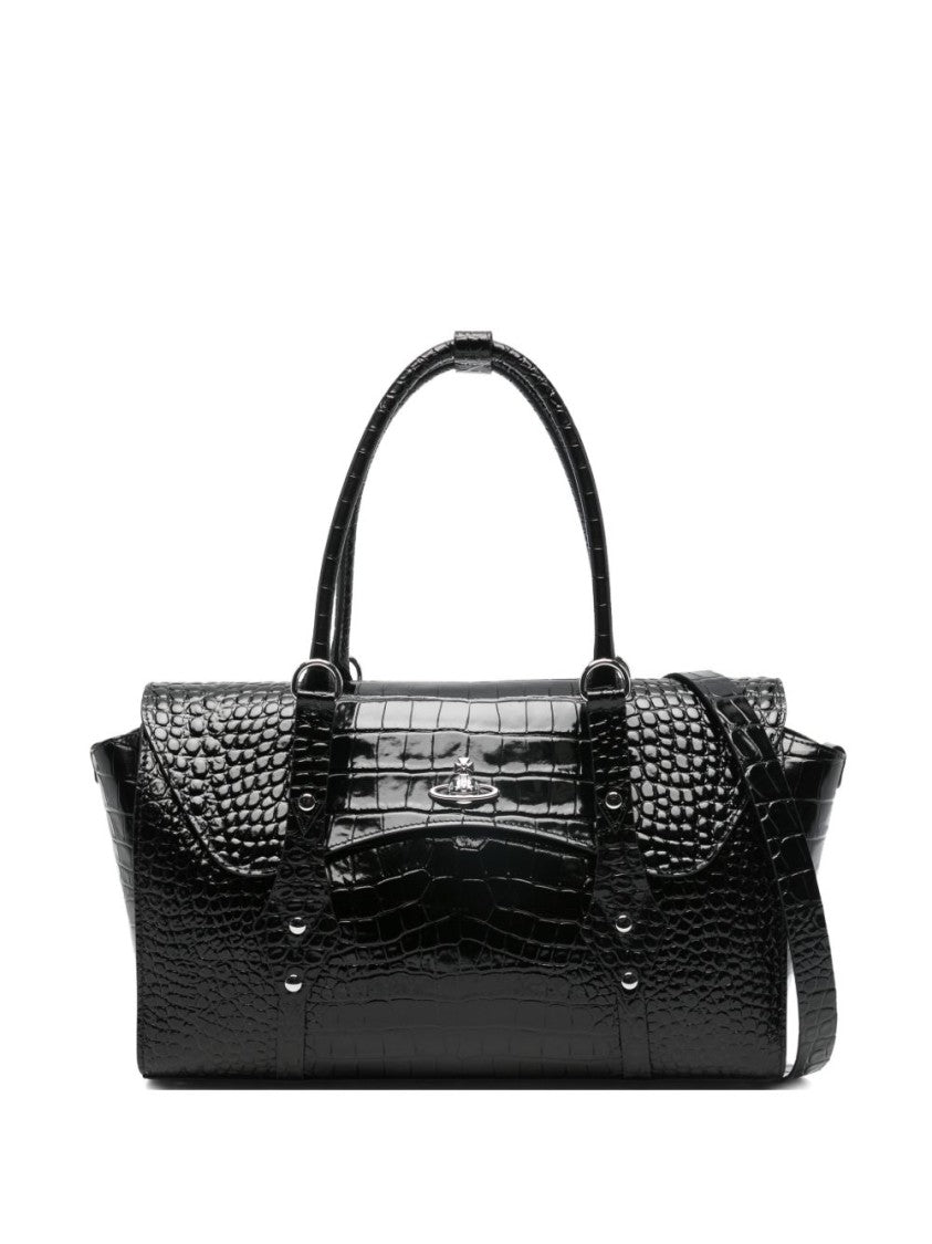 Vivienne Westwood Crocodile-Embossed Black Shoulder Bag With Metallic Emblem