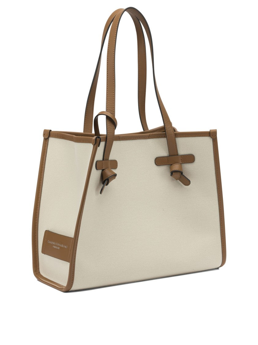 Gianni Chiarini Spacious Beige Canvas And Leather Shoulder Bag