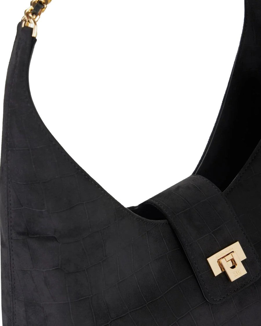 Elisabetta Franchi Suede Hobo Bag With Crocodile Embossing And Gold Chain Details