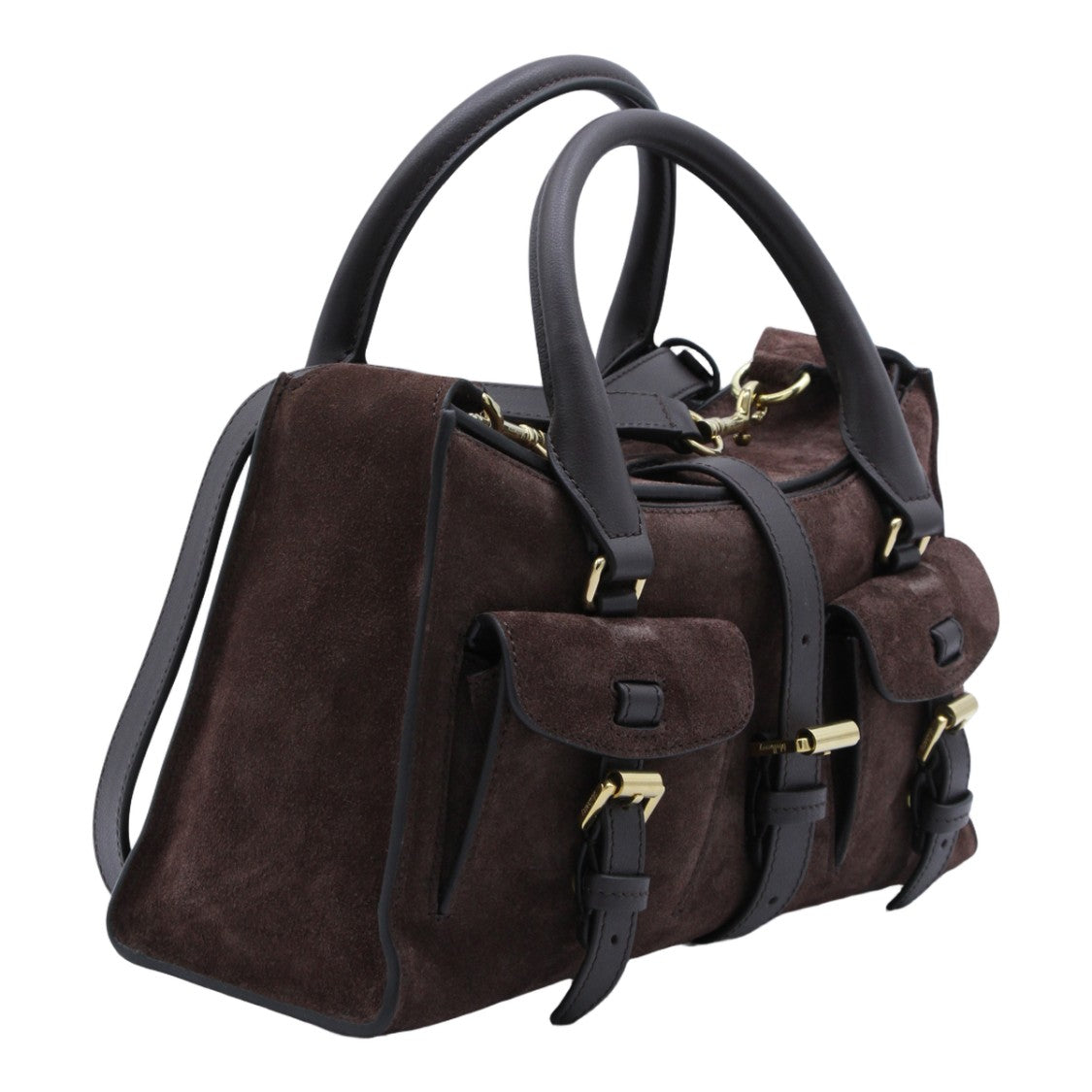 Mulberry Structured Brown Suede Handbag With Gold-Tone Accents