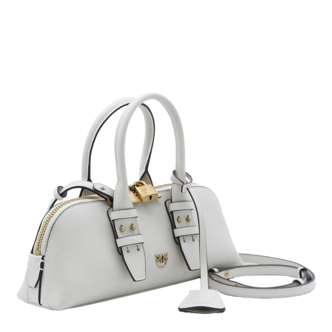 Pinko Elongated White Handbag With Gold Accents And Structured Handles