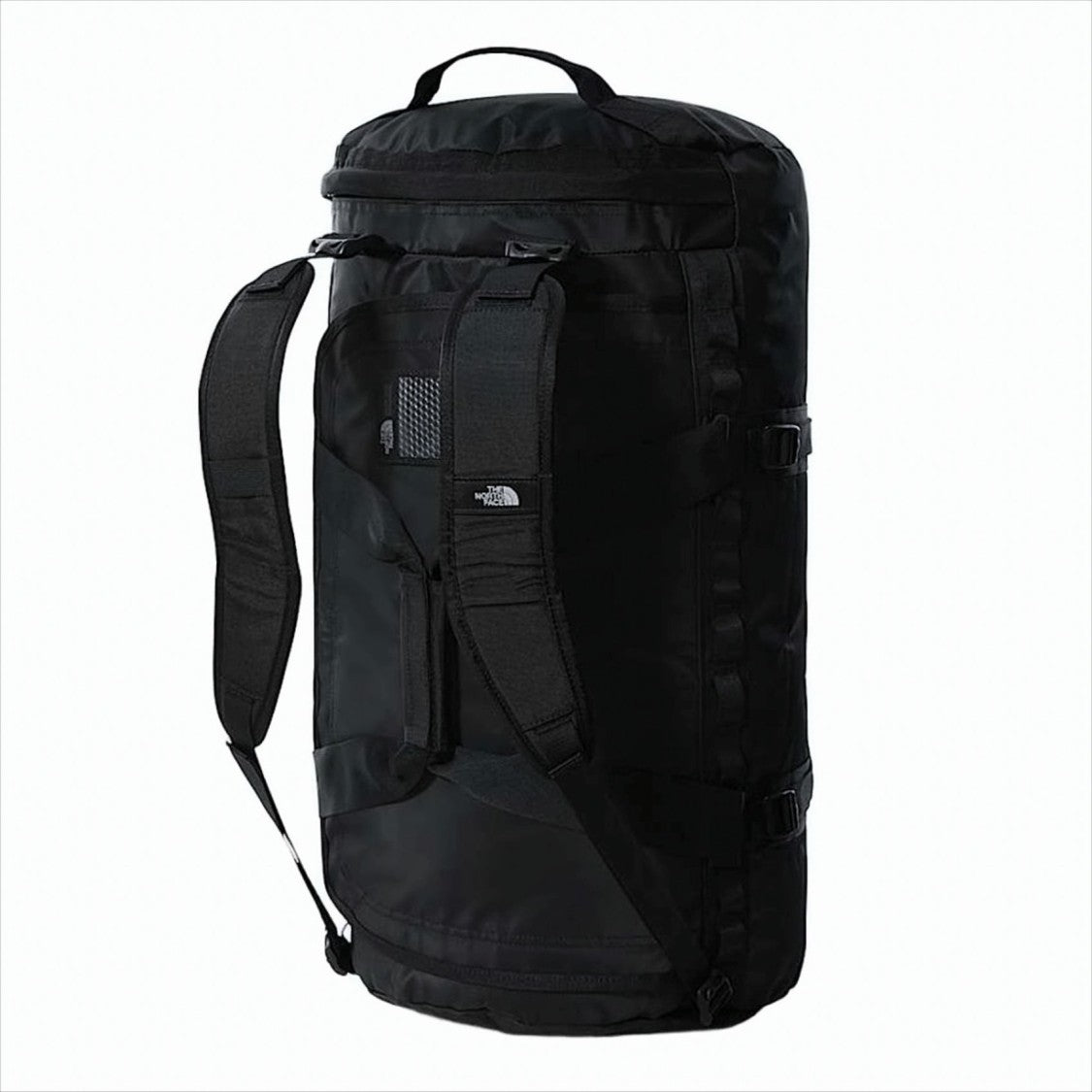 The North Face Cylindrical Black Duffel Bag With Adjustable Straps