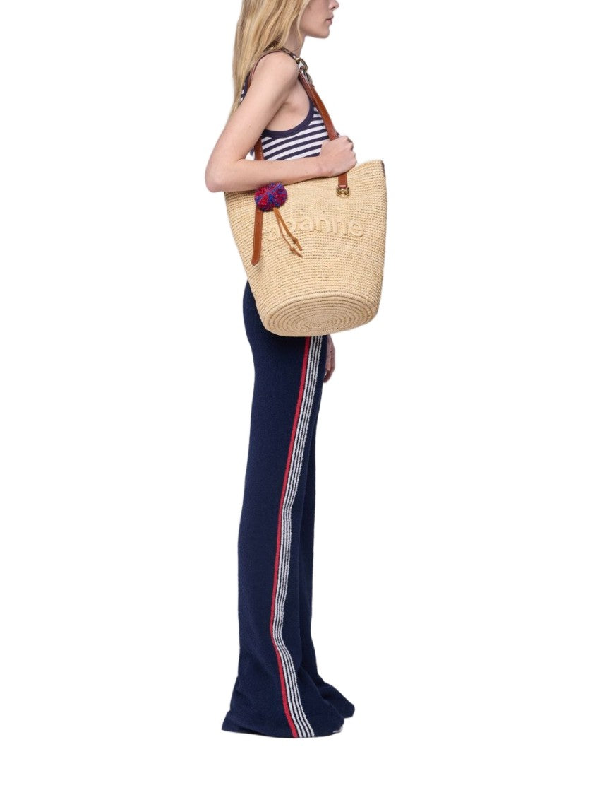 Rabanne Woven Raffia Tote Handbag With Calfskin Accents