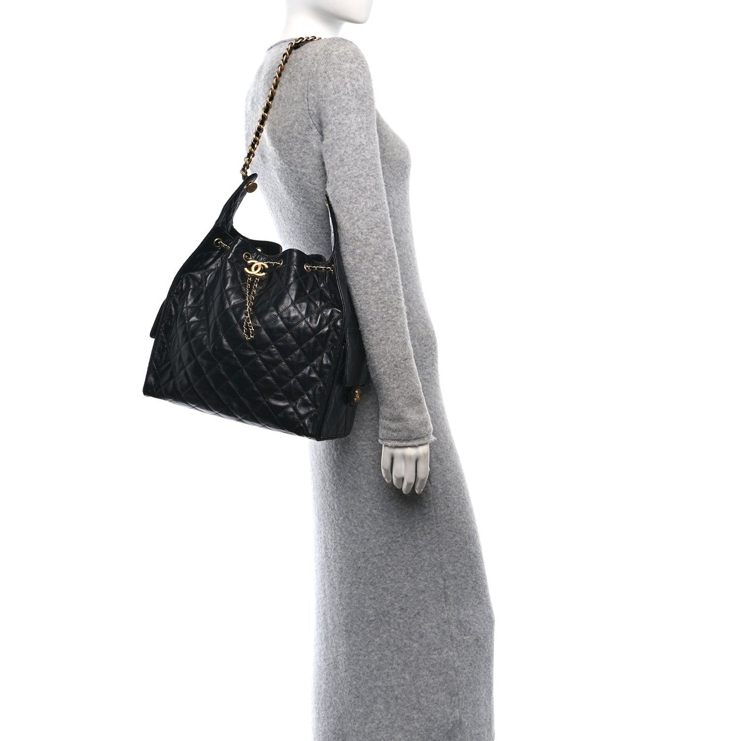 Shiny Crumpled Calfskin Quilted Medium Chanel 25 Handbag Black